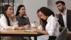A group of workers looking at their female coworker with hate.