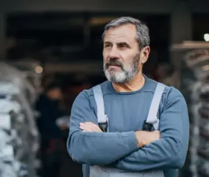 An old worker looking outward in the distance with disgust.