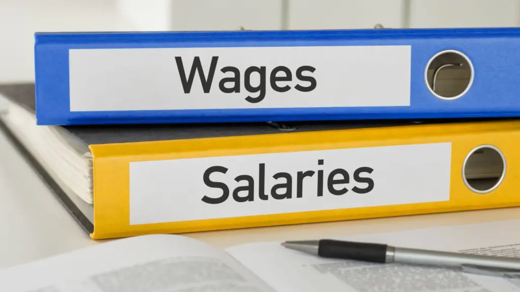 Two binders labeled Wages and Salaries.