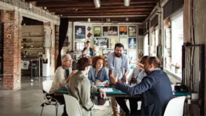 A group of employees engaging in a discussion.