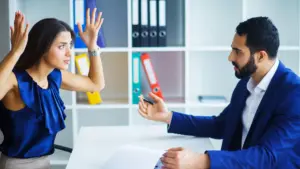 A woman freaking out about a man's rude questions.