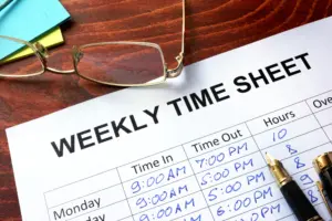A weekly timesheet that logs long shift times.