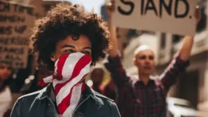 A closeup of a protestor at a march.