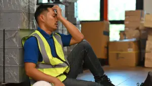 A tired factory worker taking a break.