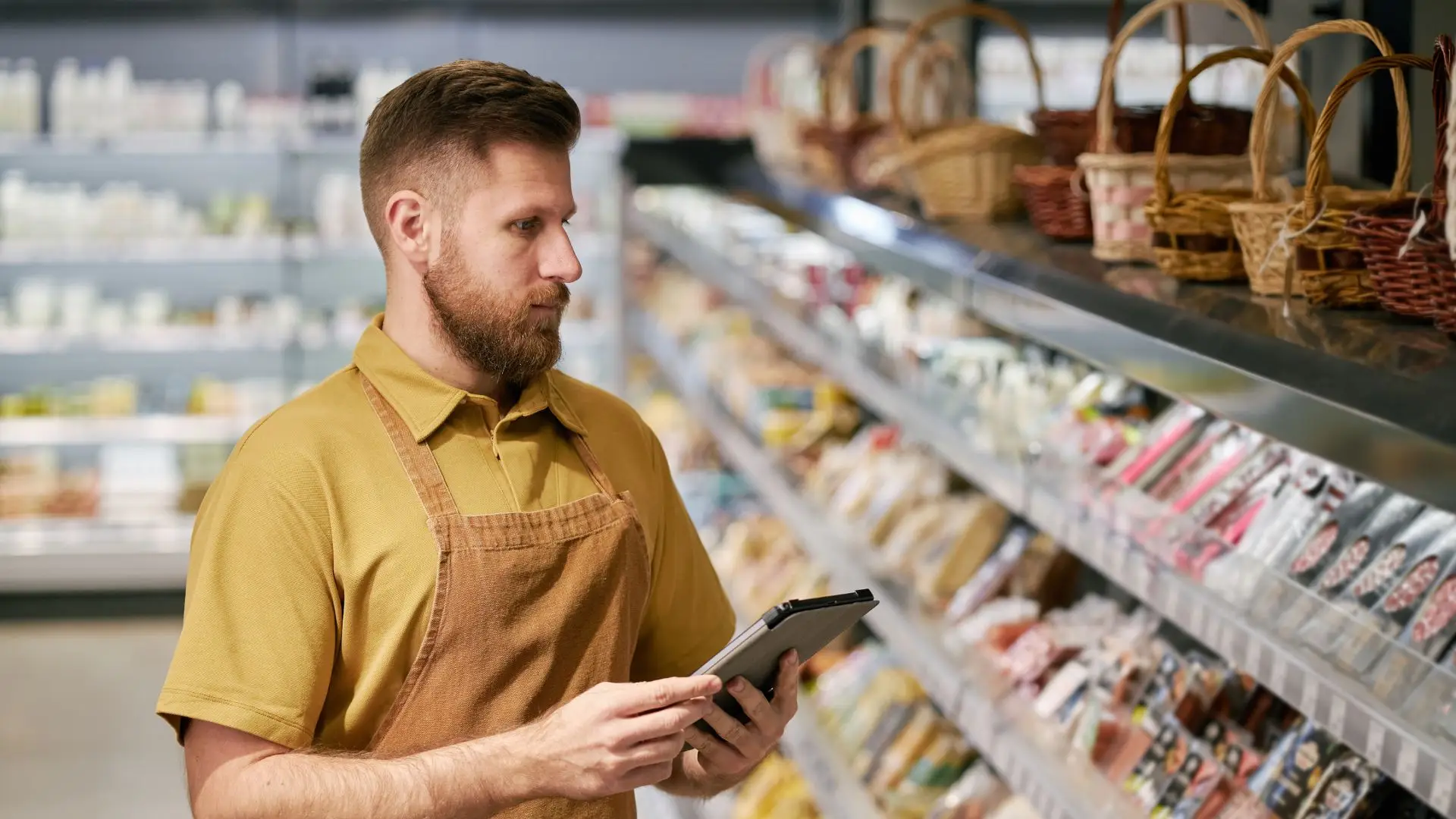 A grocery store manager doing inventory.