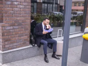 An office worker eating outside and on a ledge of a building.