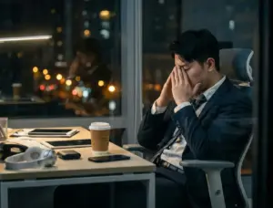 A tired office worker working overtime.