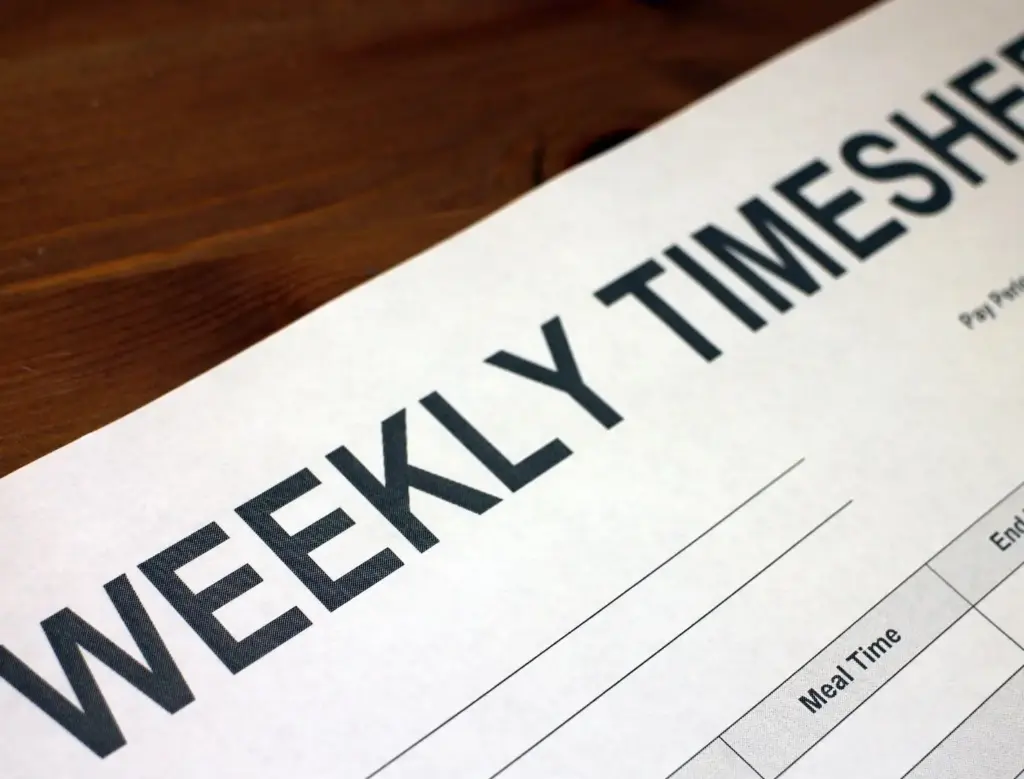 A closeup of a weekly timesheet form. 