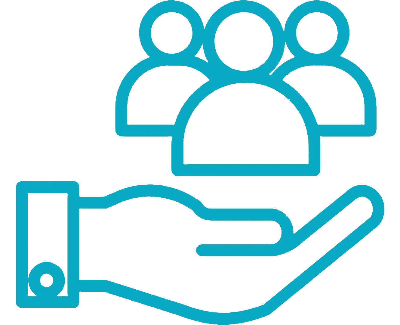 A hand holding several people icon.