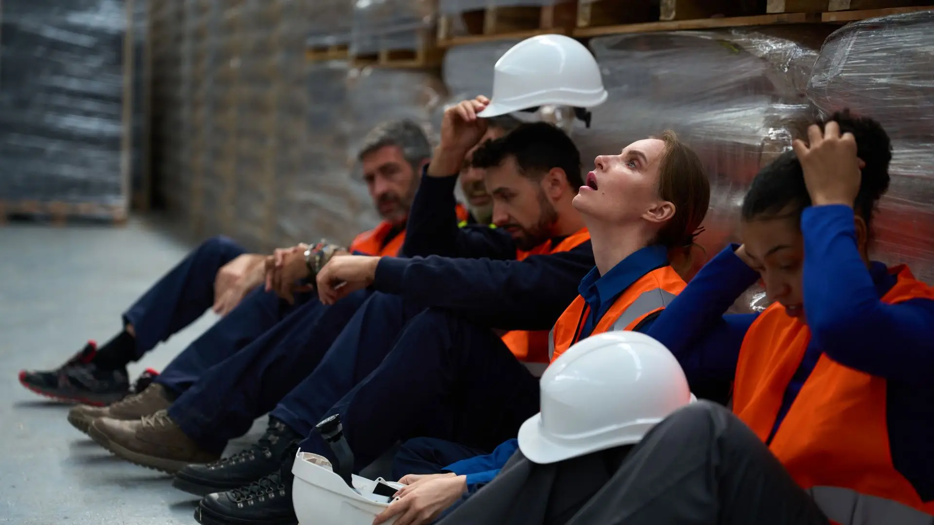 A row of warehouse workers sitting down exhausted.