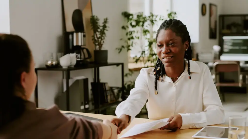 A woman at a job interview.