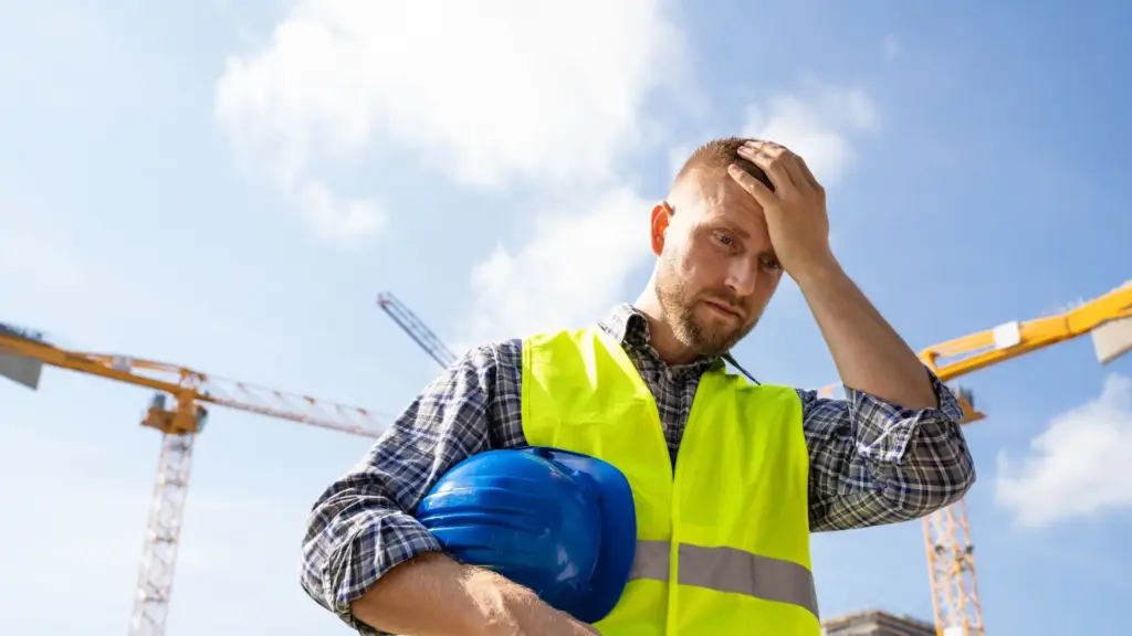 A construction worker stressing out about not getting paid during jury duty.