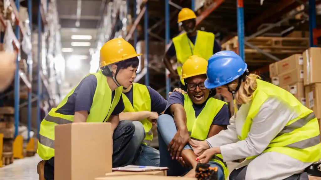 An injured warehouse worker in pain while other workers come to help.