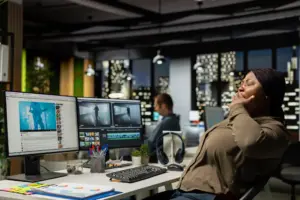 A woman working late at her job. 