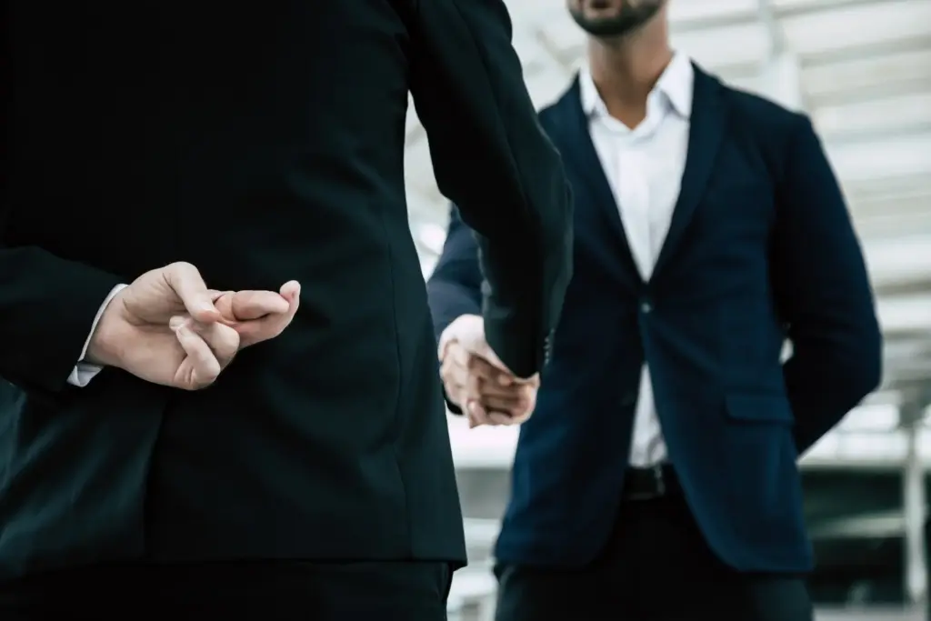 Two people shaking hands and one of them has his fingers crossed.