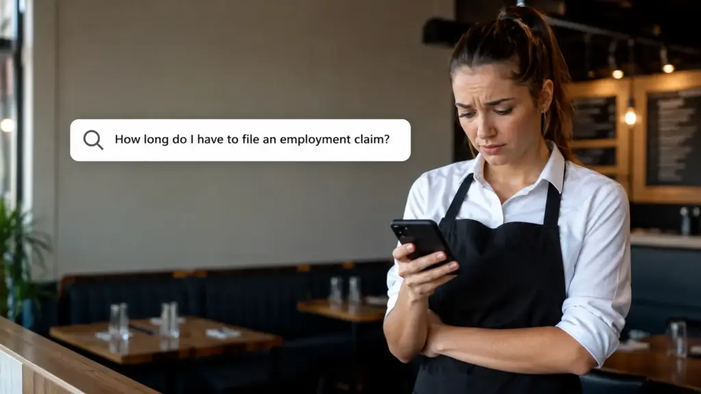 A frustrated restaurant server typing 'how long do I have to file an employment claim?"