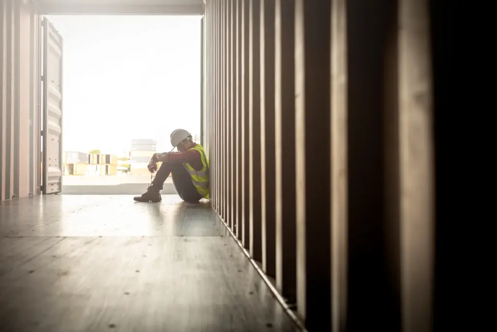 A construction worker sitting depressed in a storage container.