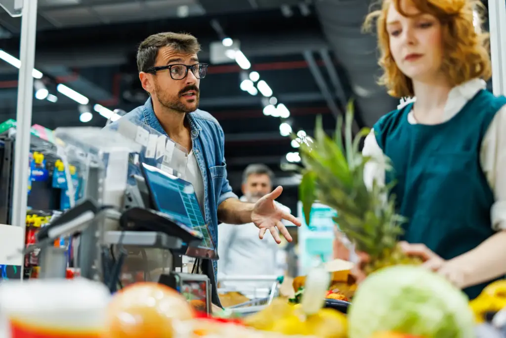 A man arguing with a woman at the supermarket.