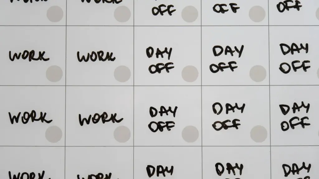 A calendar where half the month is marked "day off".