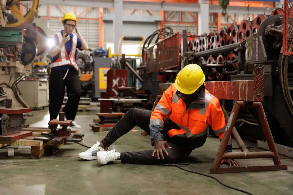 An injured warehouse worker on the floor while another is radioing it in.