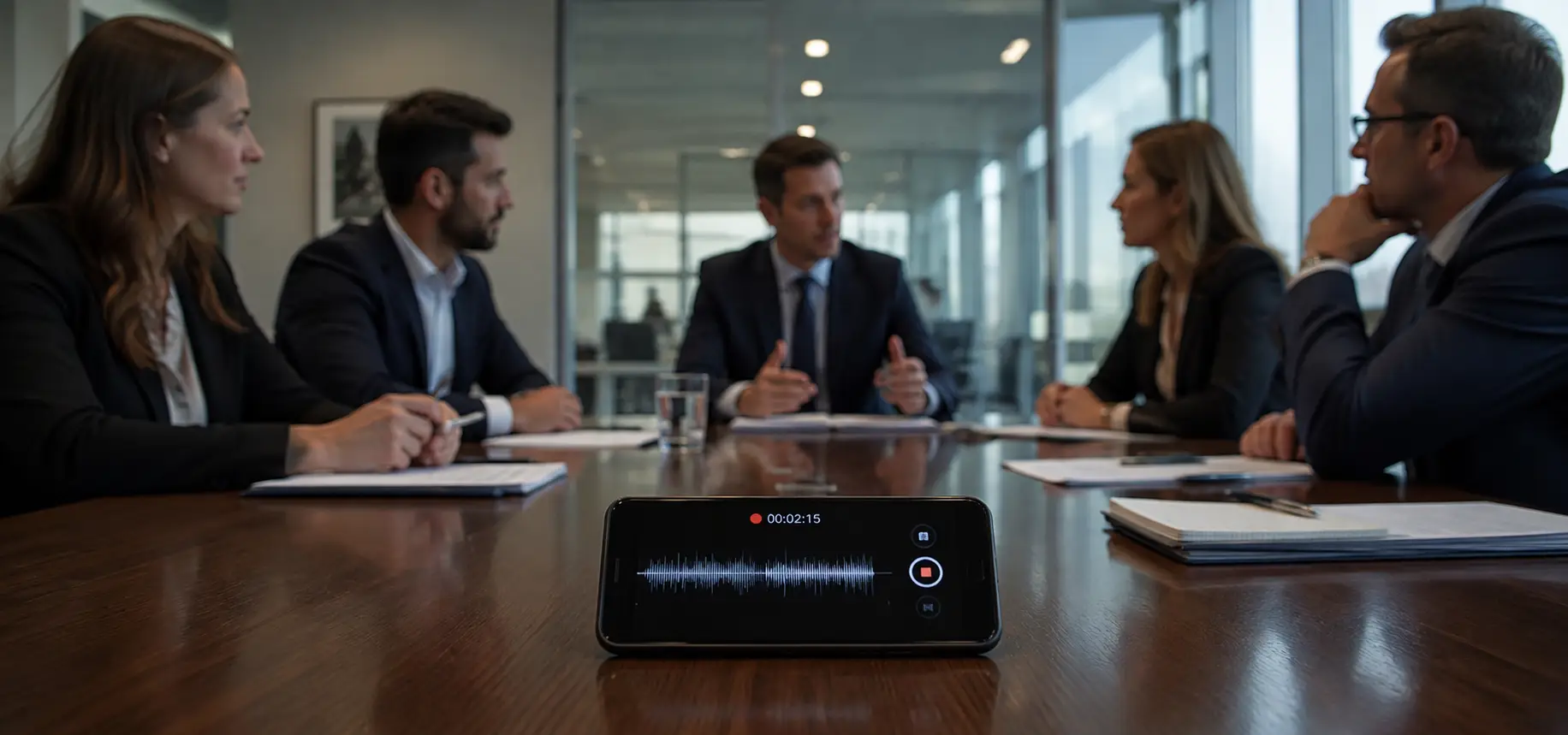 A work meeting in a conference with a phone recording the whole conversation.
