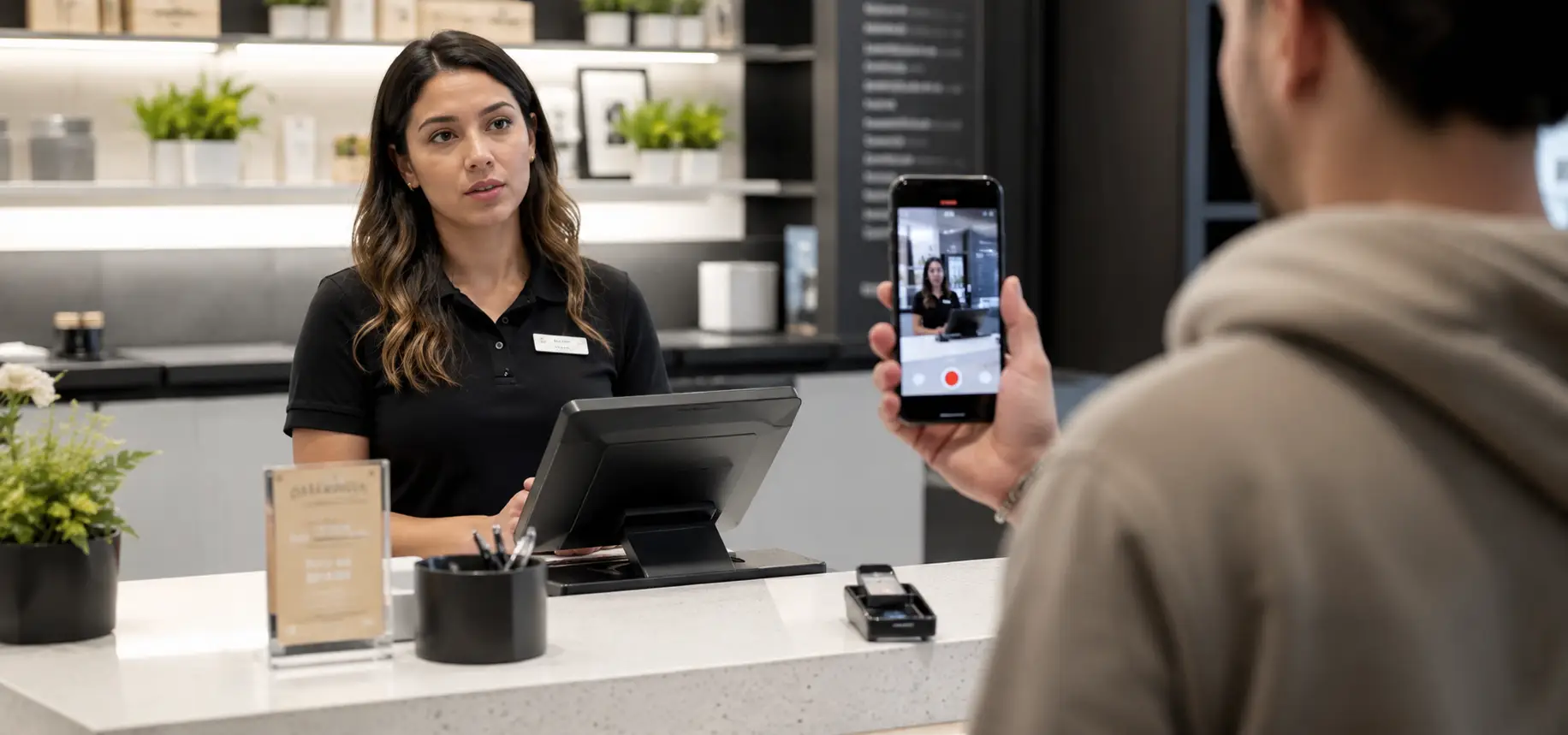 A man recording a woman at her work.