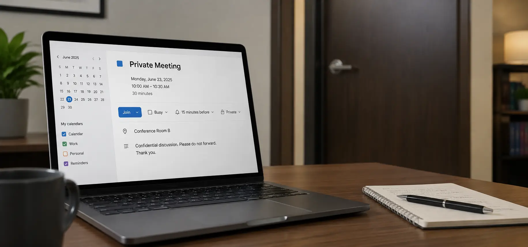 A laptop screen showing a generic calendar invite titled “Private HR Meeting” next to a notebook and closed office door.
