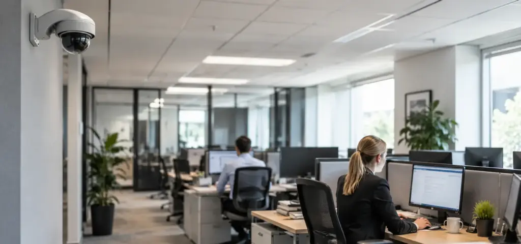 An office environment where a security camera hangs over everyone.