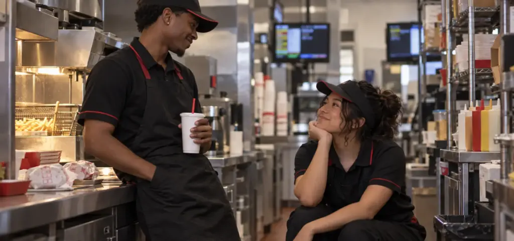 Two fast food workers flirting with each other.