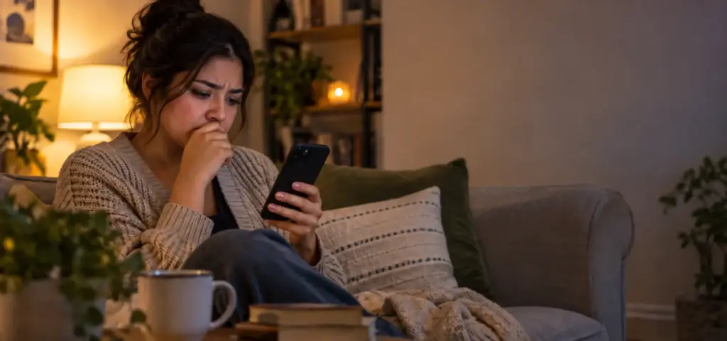 A woman on her phone wondering if sexual harassment can happen outside of work.