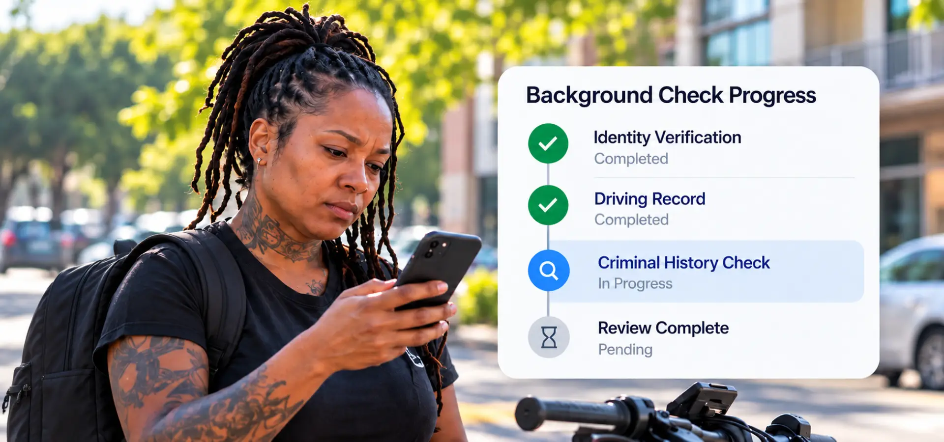 A woman checking if her background check was processed. 